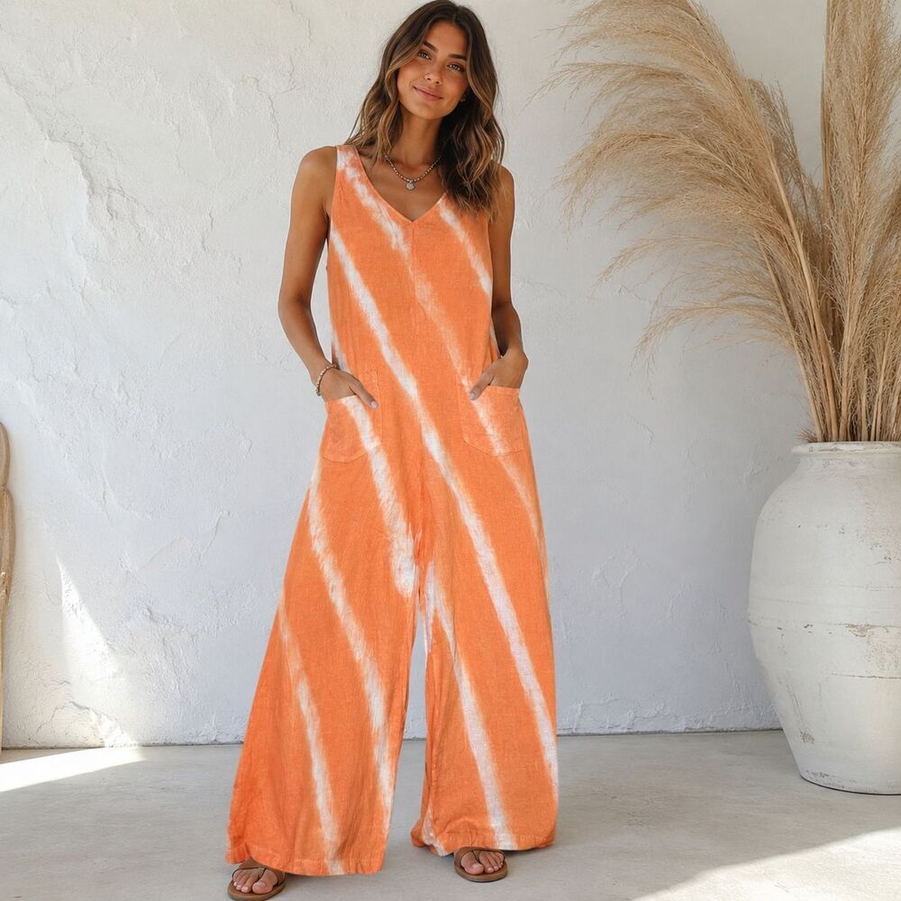 Vasna Linen Blend Jumpsuit Large Orange Tie Dye Wide Leg Italian Boho Lagenlook